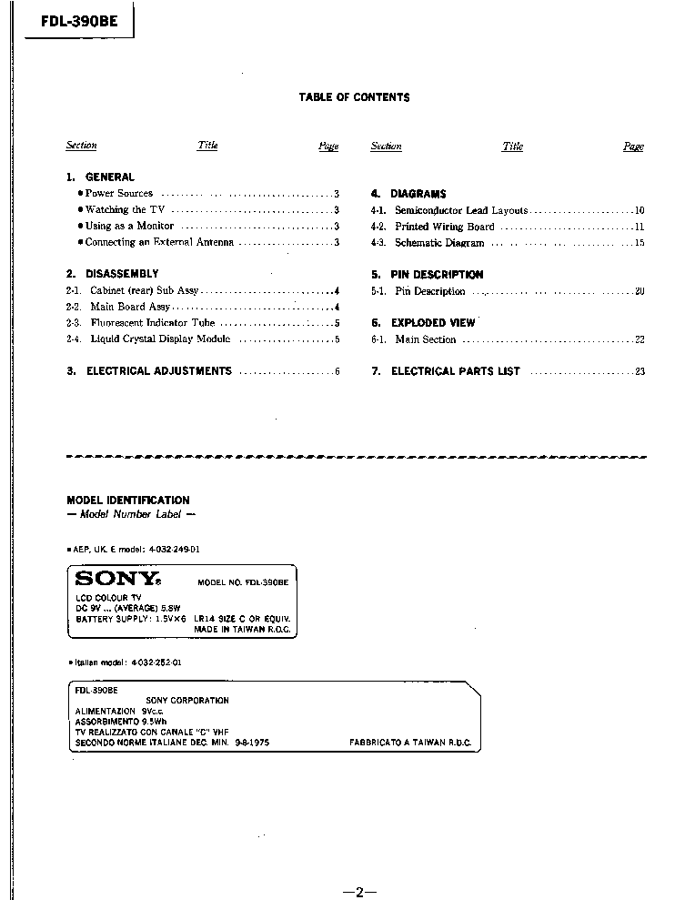SONY FDL-390BE service manual (2nd page)