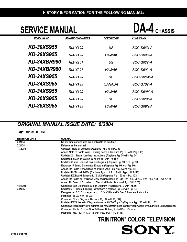 SONY KD-30XS955 34XBR960 34-36XS955 CH DA-4 SM service manual (1st page)