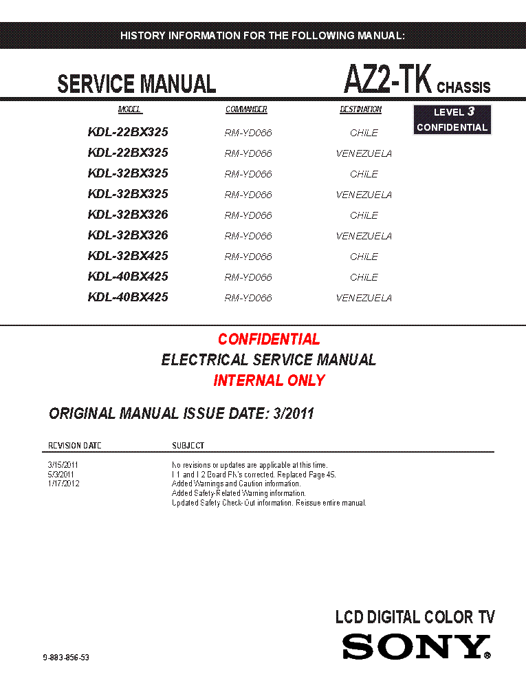SONY KDL-22BX325-32-40 BX325 BX326 BX425 CHASSIS AZ2-TK REV.3 SM service manual (1st page)