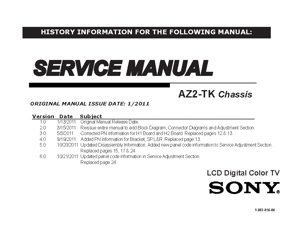 SONY KDL-22BX325 32BX325 32BX326 32BX425 40BX425 CHASSIS AZ2-TK VER.6.0 SM service manual (1st page)