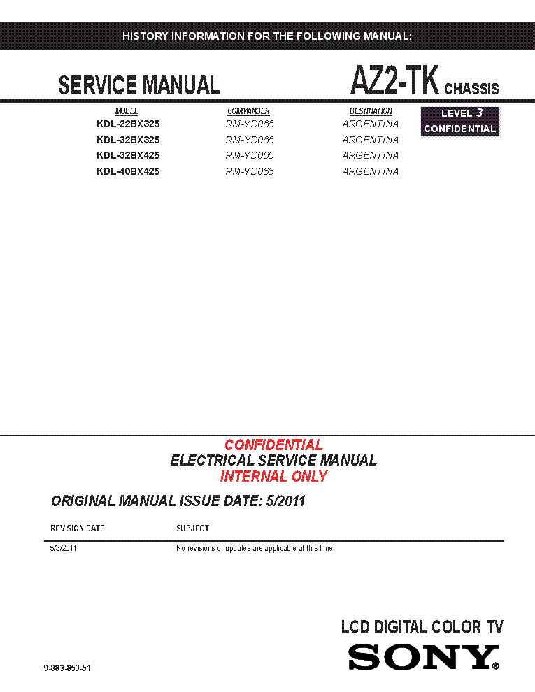 SONY KDL-22BX325 32BX325 32BX425 40BX425 CHASSIS AZ2-TK REV.1 SM service manual (1st page)