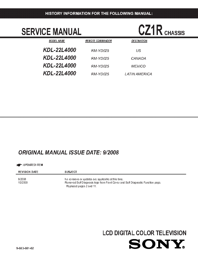 SONY KDL-22L4000 CHASSIS CZ1R REV.2 SM service manual (1st page)