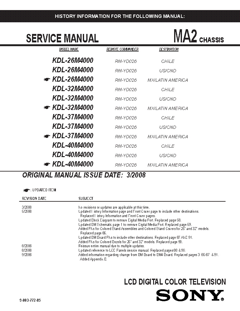 SONY KDL-26M4000 32M4000 37M4000 40M4000 CHASSIS MA2 REV.5 SM service manual (1st page)