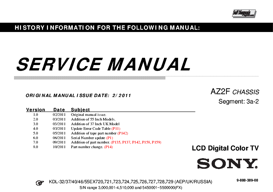 SONY KDL-32-37-40-46-55EX720,721,723,724,725,727,728,729 CHASSIS AZ2F VER.8.0 SEGM.3A-2 SM service manual (1st page)