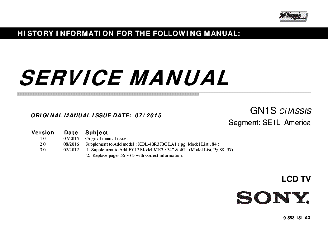 SONY KDL-32-40R320C R325C R327C E CHASSIS GN1S VER.3.0 SEGM.SE1L-AMERICA SM service manual (1st page)