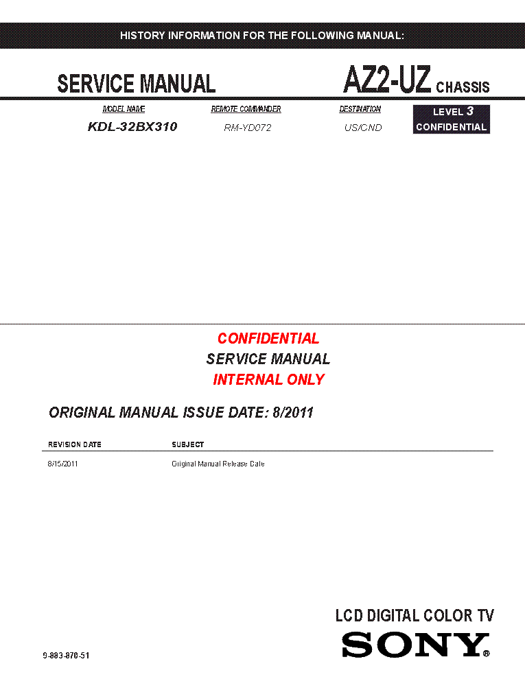 SONY KDL-32BX310 CHASSIS AZ2-UZ LEVEL3 988387051 service manual (1st page)