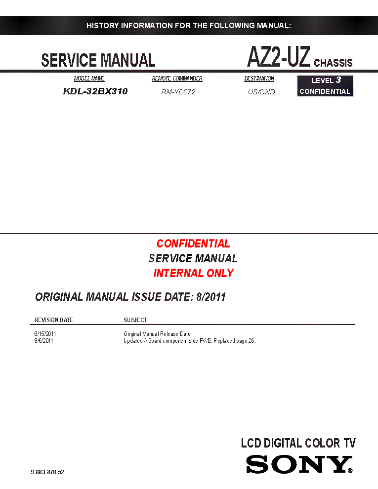 SONY KDL-32BX310 CHASSIS AZ2-UZ REV.2 SM service manual (1st page)