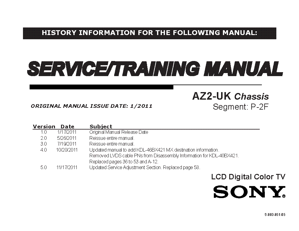 SONY KDL-32BX320 32BX321 KDL-32-40-46BX420 KDL-32-40-46BX421 CHASSIS AZ2-UK VER.5.0 SEGM.P-2F STM service manual (1st page)