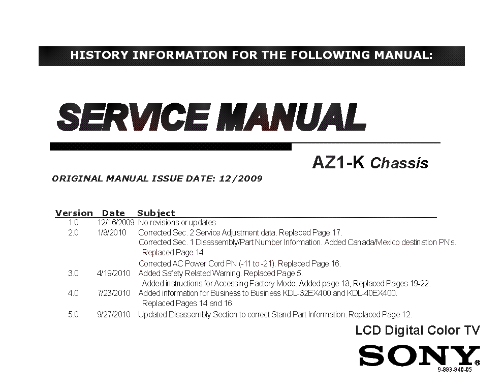 SONY KDL-32EX301 32EX400 40EX400 40EX401 CHASSIS AZ1-K VER.5.0 SM service manual (1st page)