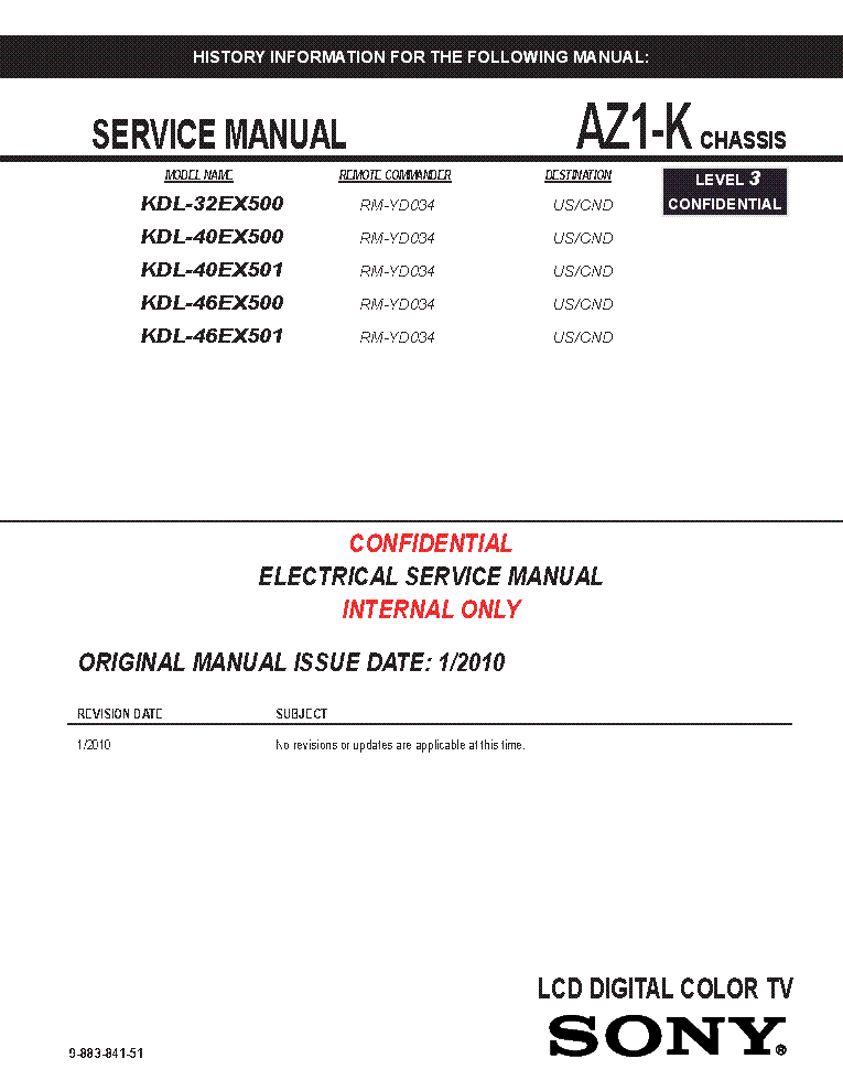 SONY KDL-32EX500 40EX500 40EX501 46EX501 CHASSIS AZ1-K REV.1 SM service manual (1st page)
