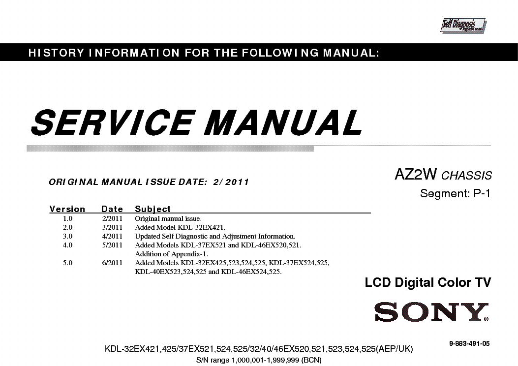 SONY KDL-32EX525 CHASSIS AZ2W service manual (1st page)