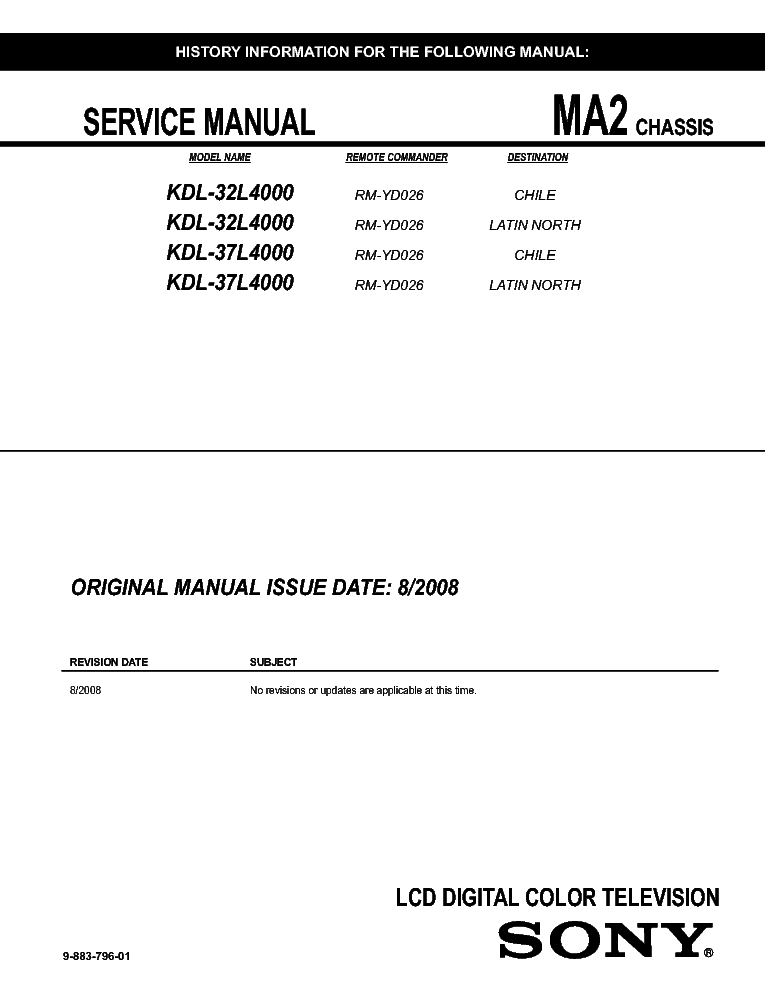 SONY KDL-32L4000 KDL-37L4000 CHASSIS MA2 SM service manual (1st page)