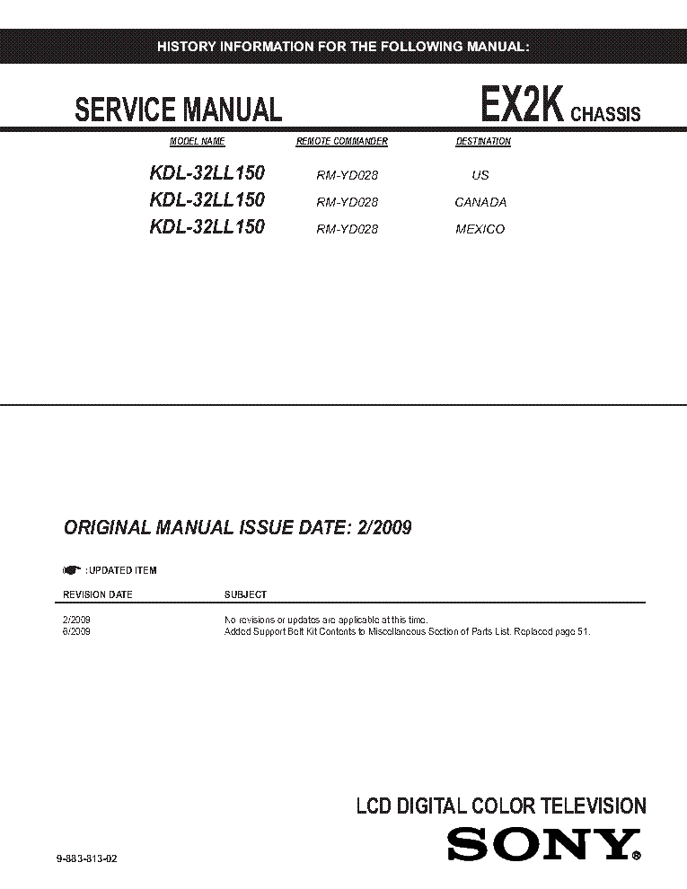 SONY KDL-32LL150 CHASSIS EX2K REV.2 SM service manual (1st page)