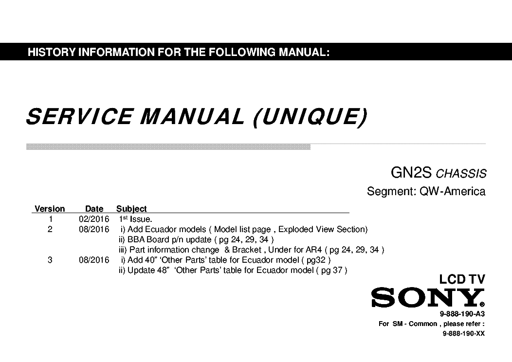 SONY KDL-32W600D 605D,607D 609D 32-40-48W655D 40-48W650D 40-48W657D 40-48W659D CHASSIS GN2S VER.3 SEGM.QW-AMERICA BAD QUALITY SM service manual