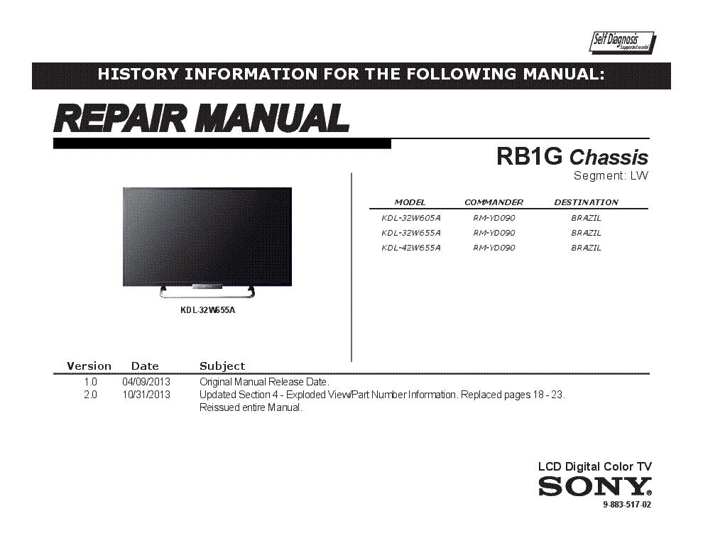 SONY KDL-32W605A 32W655A 42W655A CHASSIS RB1G VER.2.0 SEGM.LW RM service manual (1st page)
