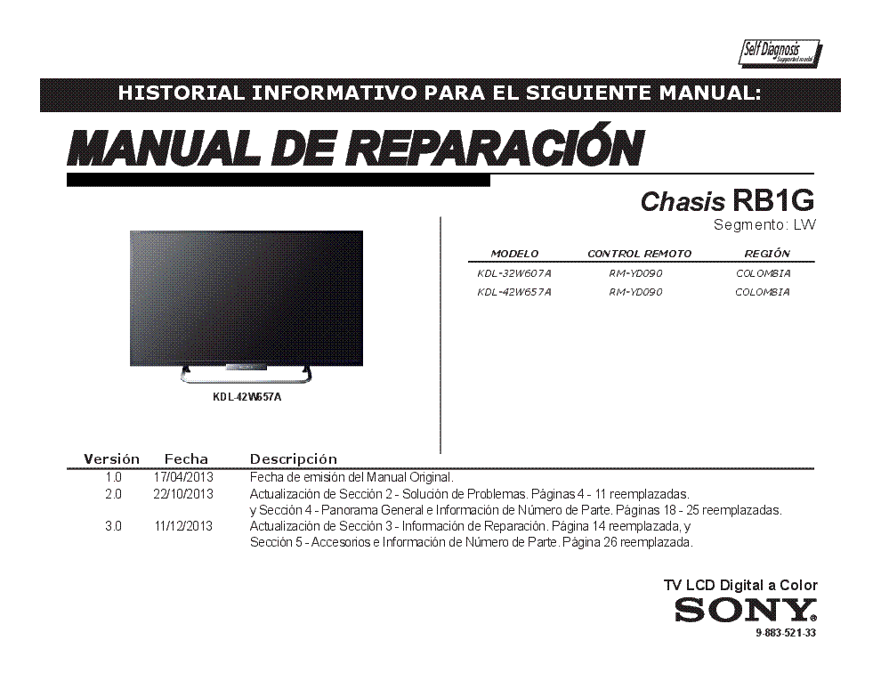 SONY KDL-32W607A 32W657A CHASIS RB1G REV.3.0 SEGM.LW RM service manual (1st page)