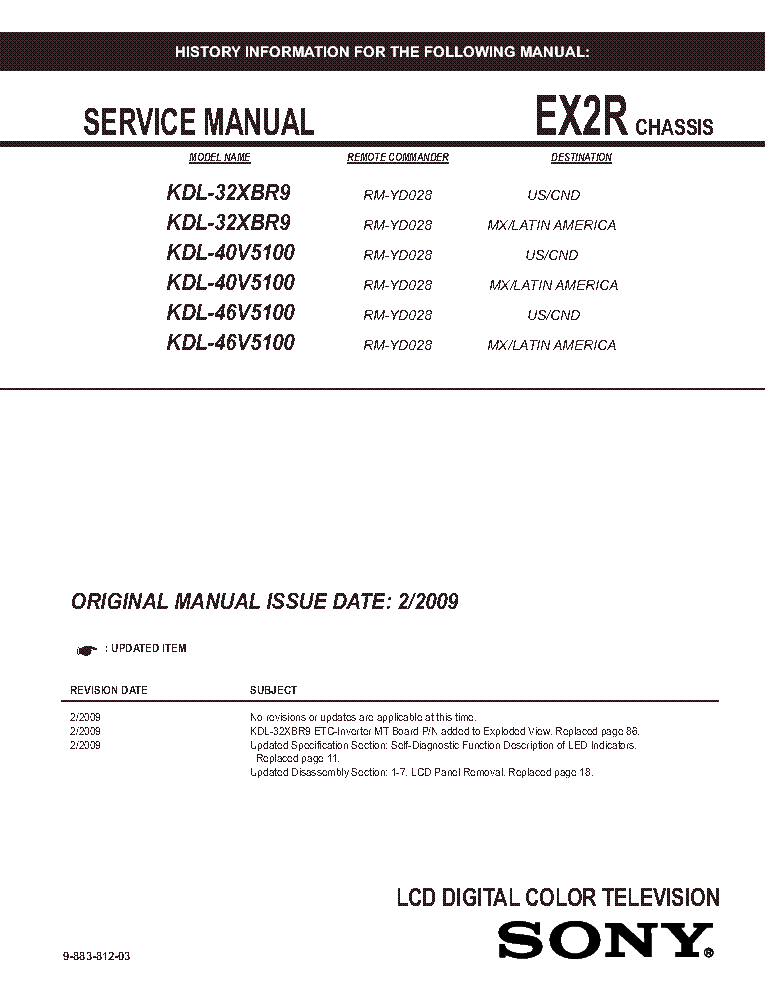 SONY KDL-32XBR9 40V5100 46V5100 CHASSIS EX2R REV.3 SM service manual (1st page)