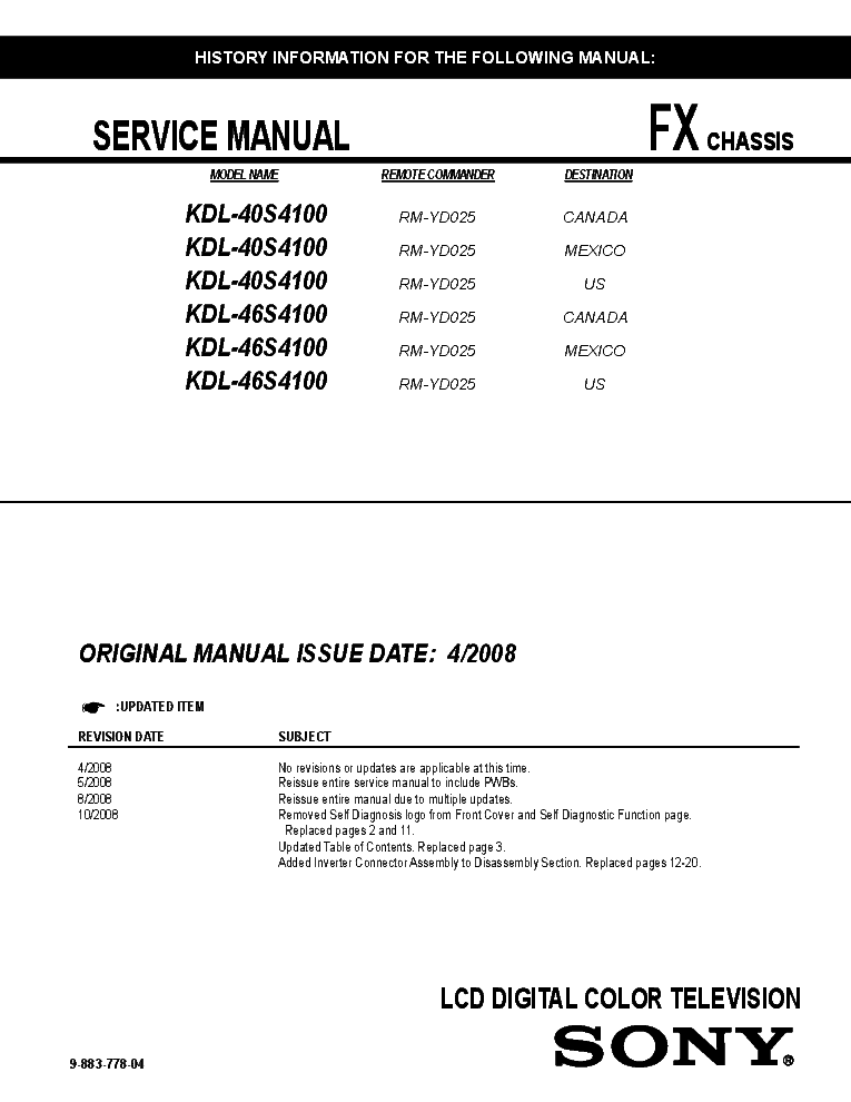 SONY KDL-40S4100 KDL-46S4100 CHASSIS FX REV.4 SM service manual (1st page)