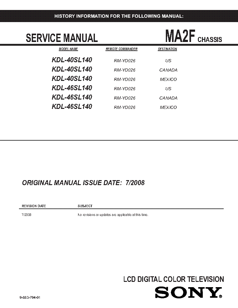 SONY KDL-40SL140 46SL140 CHASSIS MA2F REV.1 SM service manual (1st page)