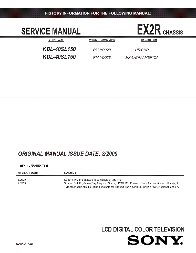 SONY KDL-40SL150 CHASSIS EX2R REV.2 SM service manual (1st page)