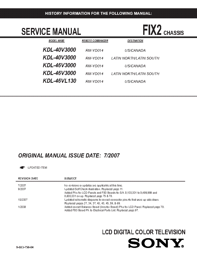 SONY KDL-40V3000 46V3000 46VL130 CHASSIS FIX2 REV.4 SM service manual (1st page)