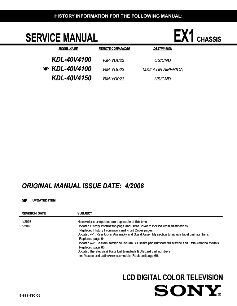 SONY KDL-40V4100 40V4150 CHASSIS EX1 SM service manual (1st page)