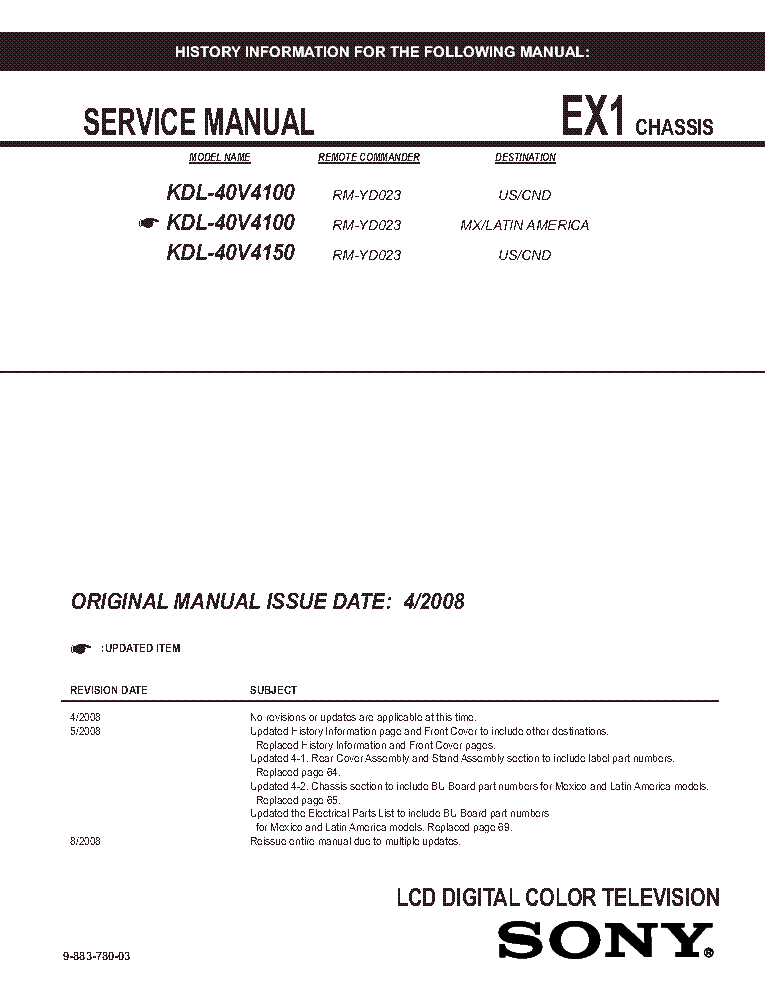 SONY KDL-40V4100 KDL-40V4150 CHASSIS EX1 REV.3 SM service manual (1st page)