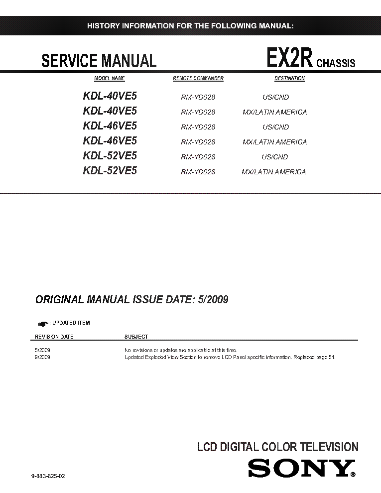 SONY KDL-40VE5 46VE5 52VE5 CHASSIS EX2R REV.2 SM service manual (1st page)