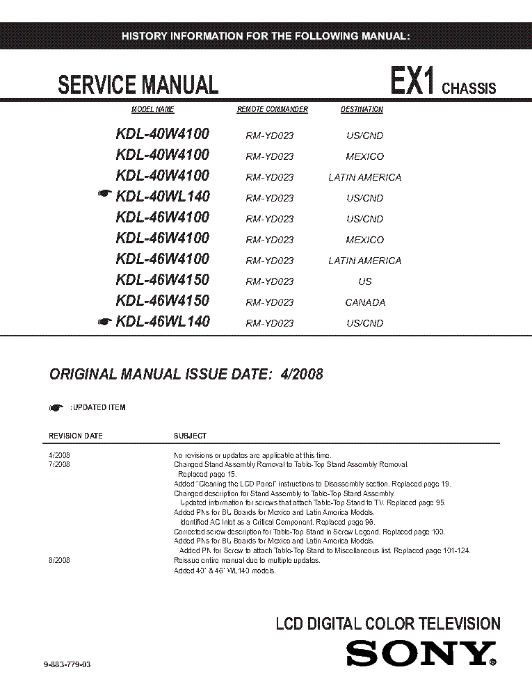 SONY KDL-40W4100 40WL140 46W4100 46W4150 46WL140 CHASSIS EX1 REV.3 SM service manual (1st page)