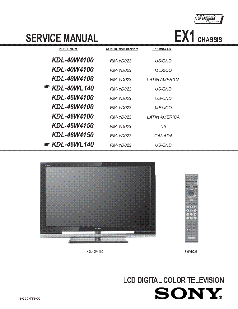 SONY KDL40W4100 40WL140 46W4100 46W4150 46WL140 CHASSIS EX1 REV.3 SM