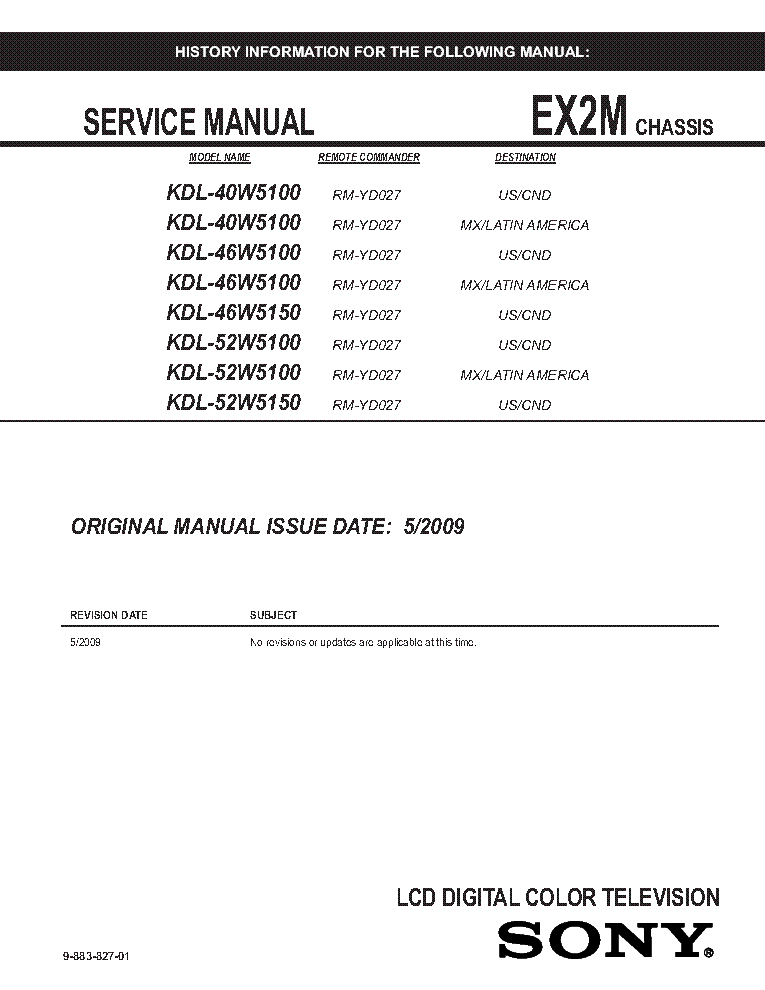 SONY KDL-40W5100 46W5100 52W5100 CHASSIS EX2M REV.1 SM service manual (1st page)