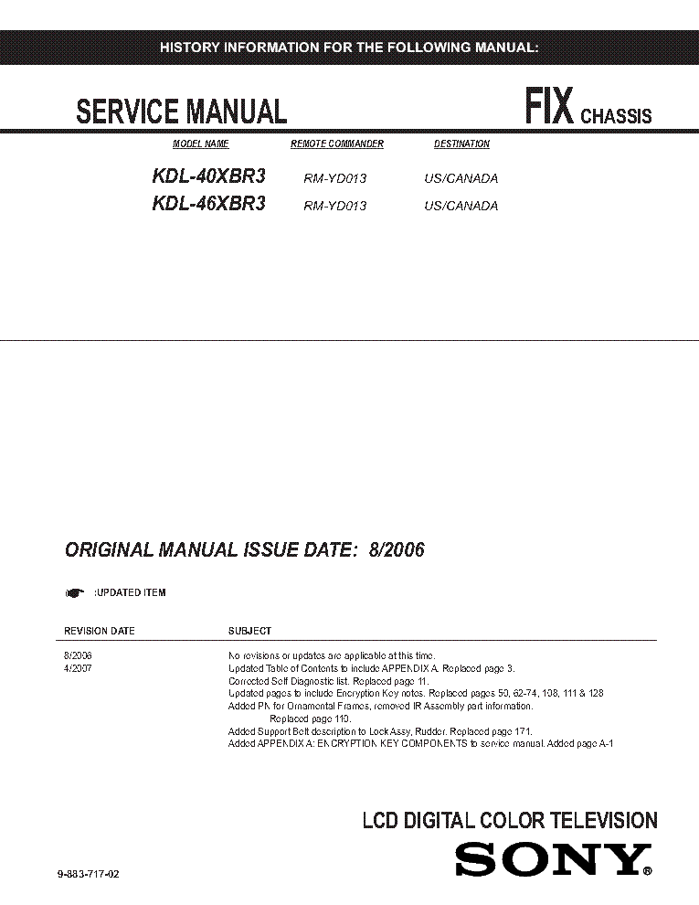 SONY KDL-40XBR3 KDL-46XBR3 CHASSIS FIX SM service manual (1st page)