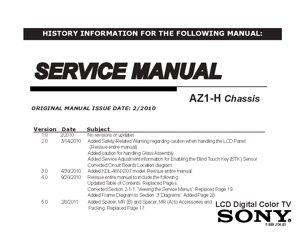 SONY KDL-46NX807 52NX807 CHASSIS AZ1-H VER.5.0 SM service manual (1st page)