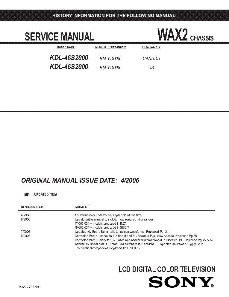 SONY KDL-46S2000 98837020 CHASSIS WAX2 REV.4 SM service manual