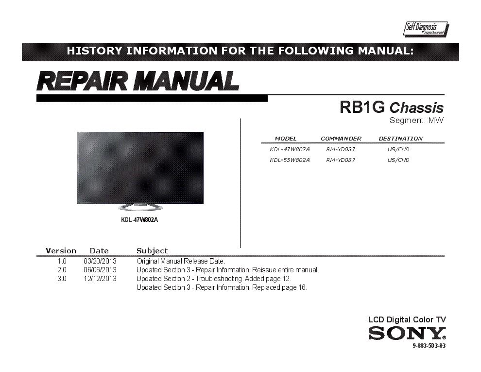 SONY KDL-47W802A 55W802A CHASSIS RB1G VER.3.0 SEGM.MW RM service manual (1st page)