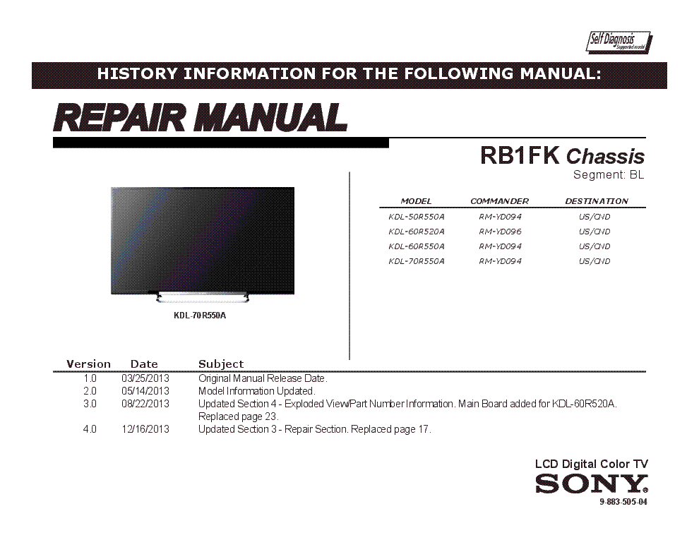 SONY KDL-50R550A 60R520A 60R550A 70R550A CHASSIS RB1FK VER.4.0 SEGM.BL RM service manual (1st page)