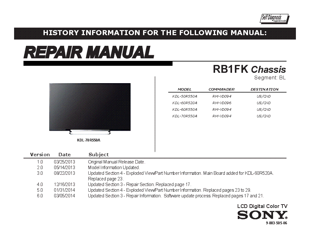 SONY KDL-50R550A 60R520A 60R550A 70R550A CHASSIS RB1FK VER.6.0 SEGM.BL RM service manual (1st page)