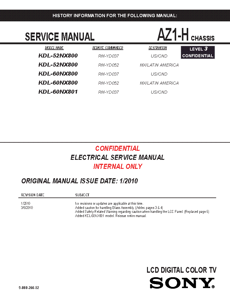 SONY KDL-52NX800 60NX800 60NX801 CHASSIS A1-H REV.2 SM service manual (1st page)