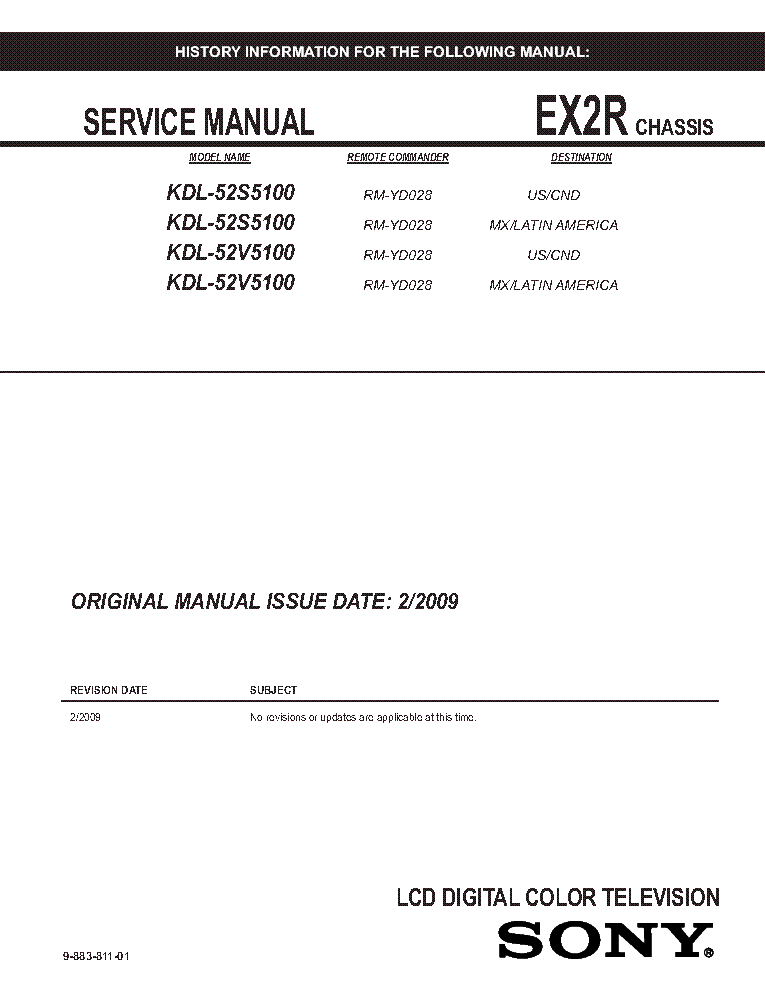 SONY KDL-52S5100 KDL-52V5100 CHASSIS EX2R REV.1 SM service manual (1st page)