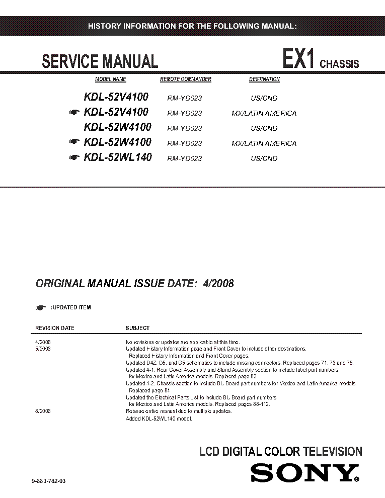 SONY KDL-52V4100 52W4100 52WL140 CHASSIS EX1 REV.3 SM service manual (1st page)