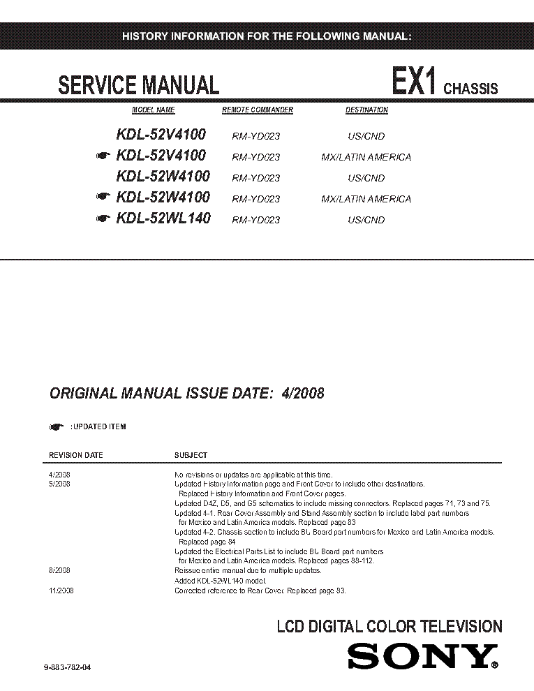 SONY KDL-52V4100 52W4100 52WL140 CHASSIS EX1 REV.4 SM service manual (1st page)