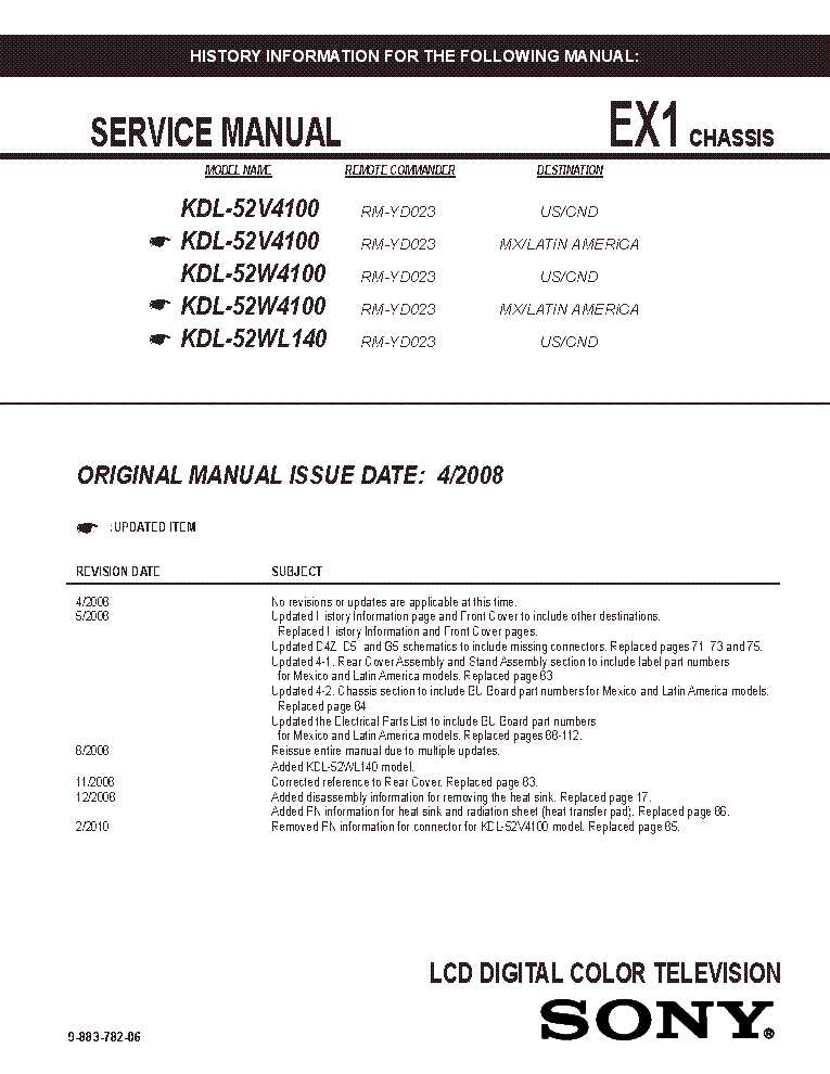 SONY KDL-52V4100 52W4100 52WL140 CHASSIS EX1 REV.6 SM service manual (1st page)