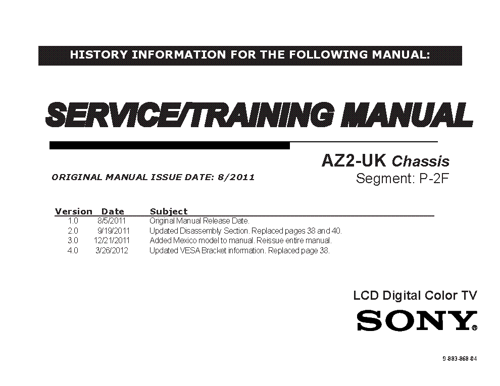 SONY KDL-55BX520 CHASSIS AZ2-UK VER.4.0 SEGM.P-2F STM service manual (1st page)
