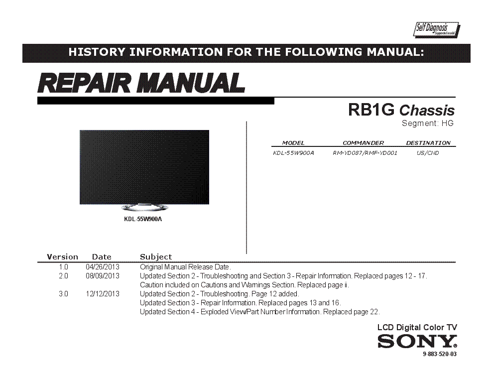 SONY KDL-55W900A CHASSSI RB1G VER.3.0 SEGM.HG RM service manual (1st page)