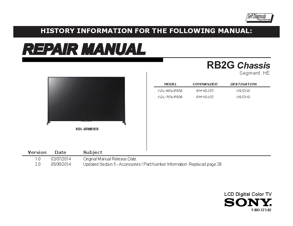SONY KDL-60W850B 70W850B CHASSIS RB2G VER.2.0 SEGM.HE RM service manual (1st page)