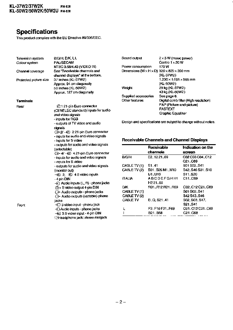 SONY KL-37W2X KV-50W2X LE1 service manual (2nd page)