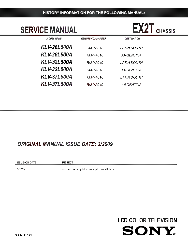 SONY KLV-26L500A 32L500A 37L500A CHASSIS EX2T REV.1 SM service manual (1st page)