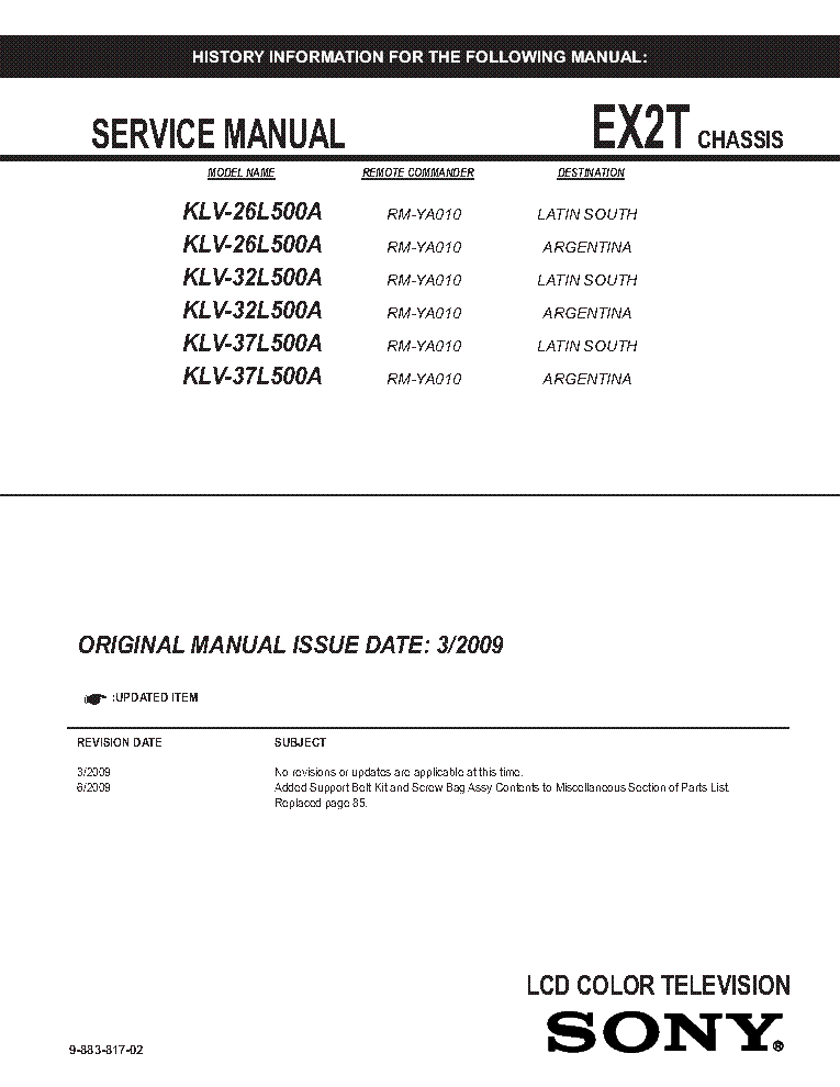 SONY KLV-26L500A 32L500A 37L500A CHASSIS EX2T REV.2 SM service manual (1st page)