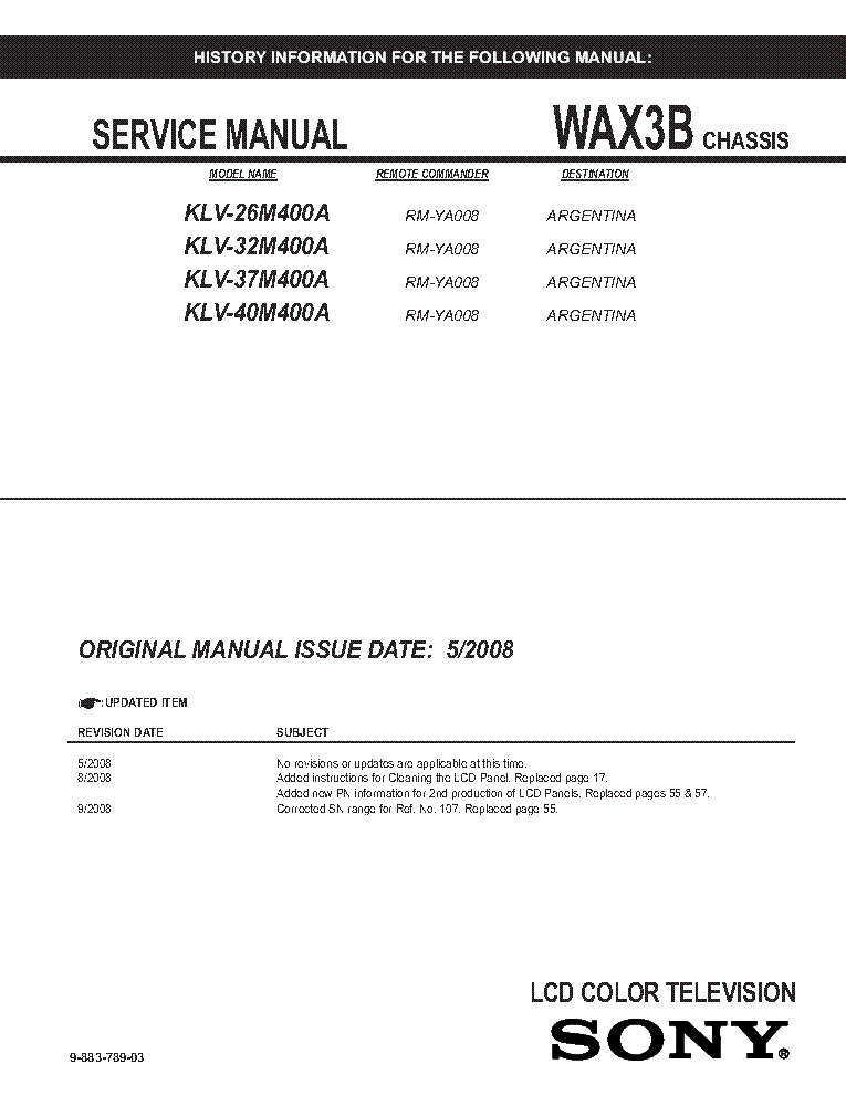 SONY KLV-26M400A 32M400A 37M400A 40M400A CHASSIS WAX3B REV.3 SM service manual (1st page)