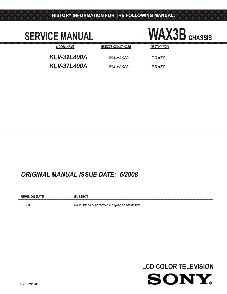 SONY KLV-32L400A 37L400A CHASSIS WAX3B REV.1 SM service manual (1st page)